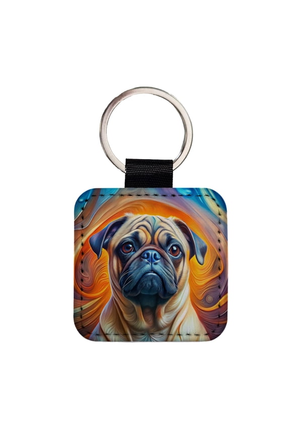 Pug Dog Abstract Art Faux Leather Square Keychain