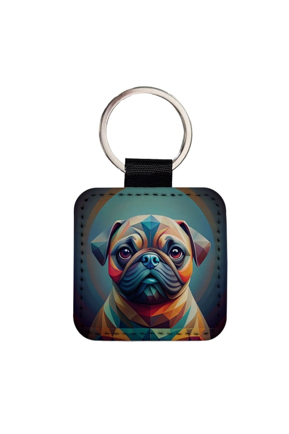 Pug Dog Abstract Stylized Art Faux Leather Square Keychain