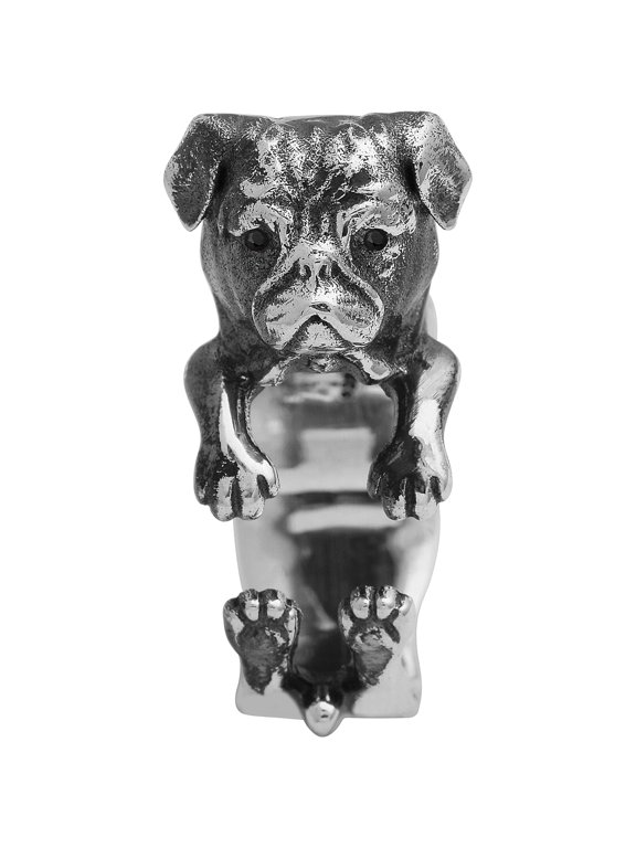 Pug Dog Adjustable Biker Women Valentines Day Gifts Ring With Black Spinel Gemstone 925 Sterling Silver