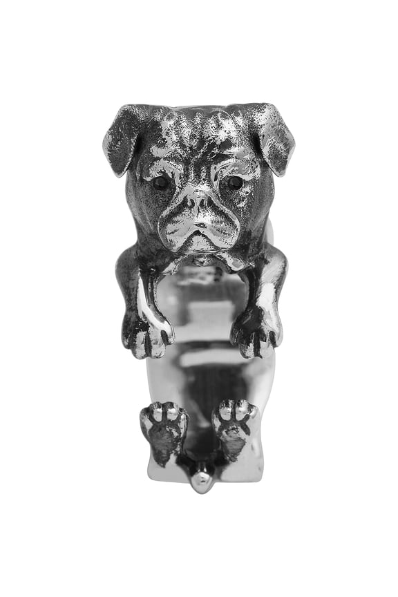 Pug Dog Adjustable Biker Women Valentines Day Gifts Ring With Black Spinel Gemstone 925 Sterling Silver