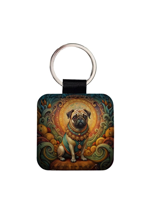 Pug Dog Art Nouveau Faux Leather Square Keychain