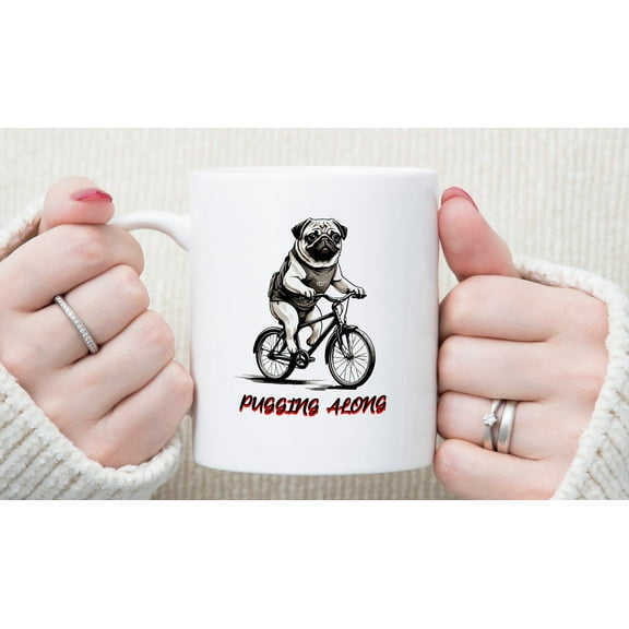 Pug Dog Bicycle Coffee Mug, Cute Puppy on Bike Design, Quirky Dog Lover Gift, Fun Kitchen Decor Cup, White Ceramic Mug