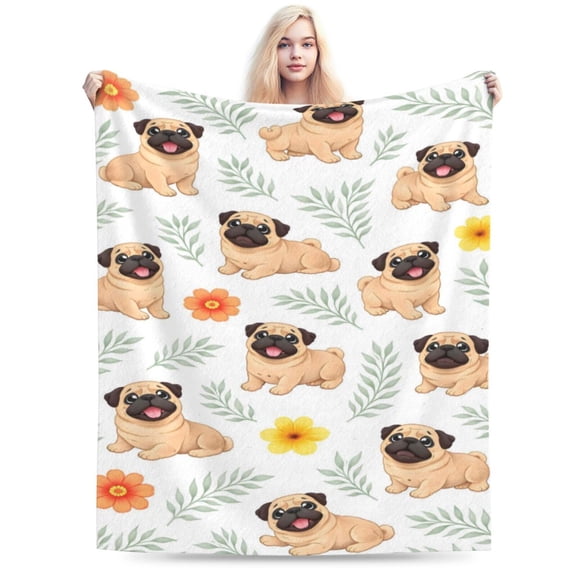 Pug Dog Blanket, Dog Lover Birthday Gift Soft Cozy Plush Flannel Blanket for Sofa Couch Bed Living Room Decor 50x40