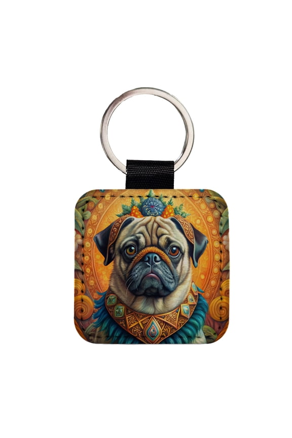 Pug Dog Bohemian Art Faux Leather Square Keychain