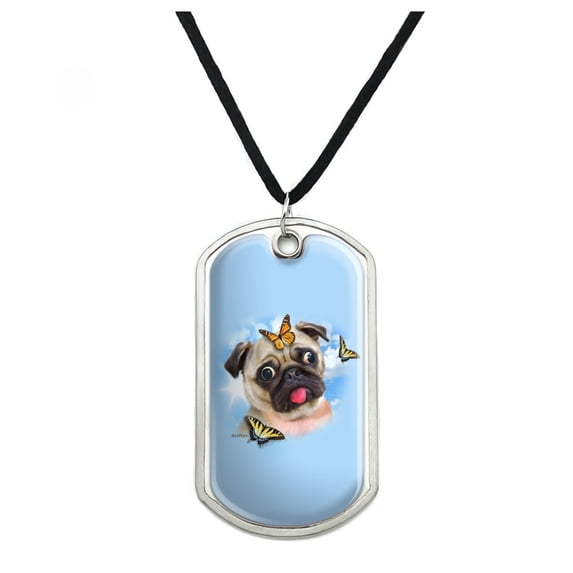 Pug Dog Butterflies Selfie Military Dog Tag Pendant Necklace with Cord