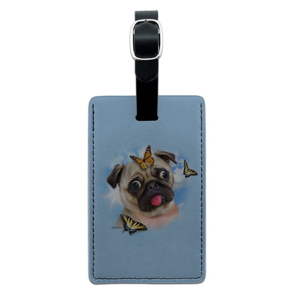 Pug Dog Butterflies Selfie Rectangle Leather Luggage Card Suitcase Carry-On ID Tag
