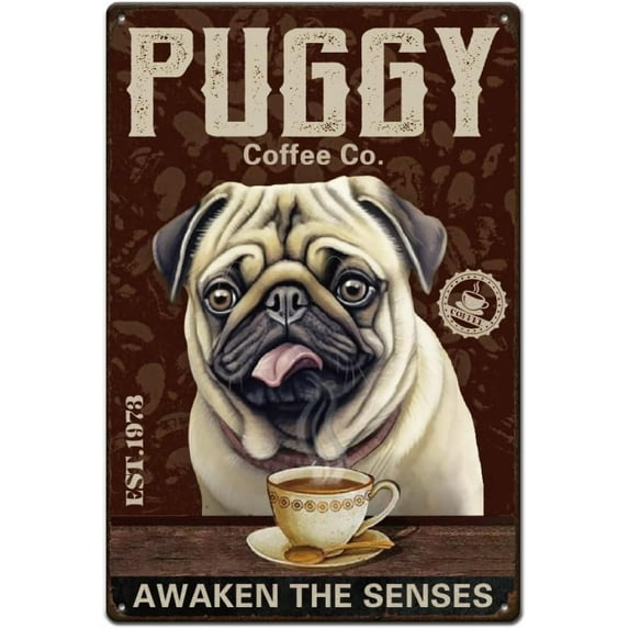 Pug Dog Coffee Tin Sign Awaken The Senses Metal Tin Sign Vintage Coffee Metal Signs Funny Wall Art Painting Metal Decor for Kitchen Cafe Bar Home Mixed Color