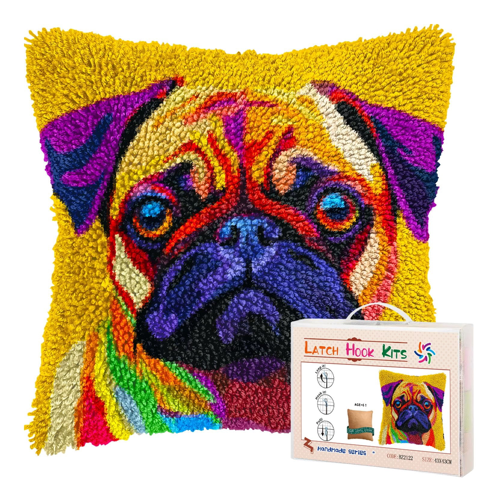 Pug Dog Colored DIY Latch Hook Pillow Kits for Adults Printed Pillowcase Crochet Yarns Hooking Handmade Pillow Cover Cushion for Home Sofa Decoration 17x17inch