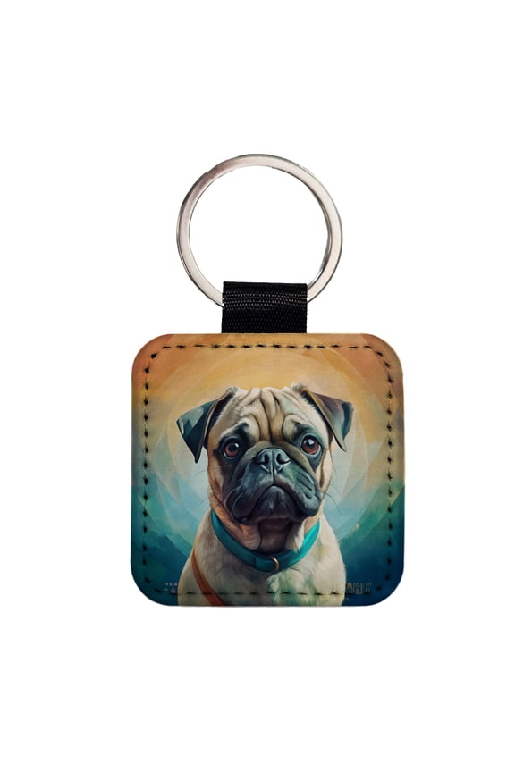 Pug Dog Contemporary Art Faux Leather Square Keychain