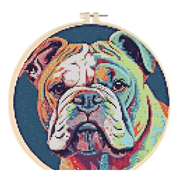 Pug Dog Easy Cross Stitch Kits for Starter Kits DIY 11CT Pre-printed Stamped Patterns Embroidery Cross Stitching Needlework Kit Set Supplies with Hoop 38x38cm (A42)