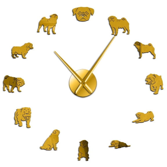 Pug Dog Frameless Wall Clock Stickers, DIY Modern Decorative Clocks for Living Room, Bedroom, Office - Easy to Install, Large 3D Clock Design (Gold,27in)