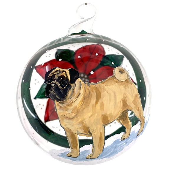 Pug Dog Glass Ornament  Austrian Glass Blown Hand Painted Art