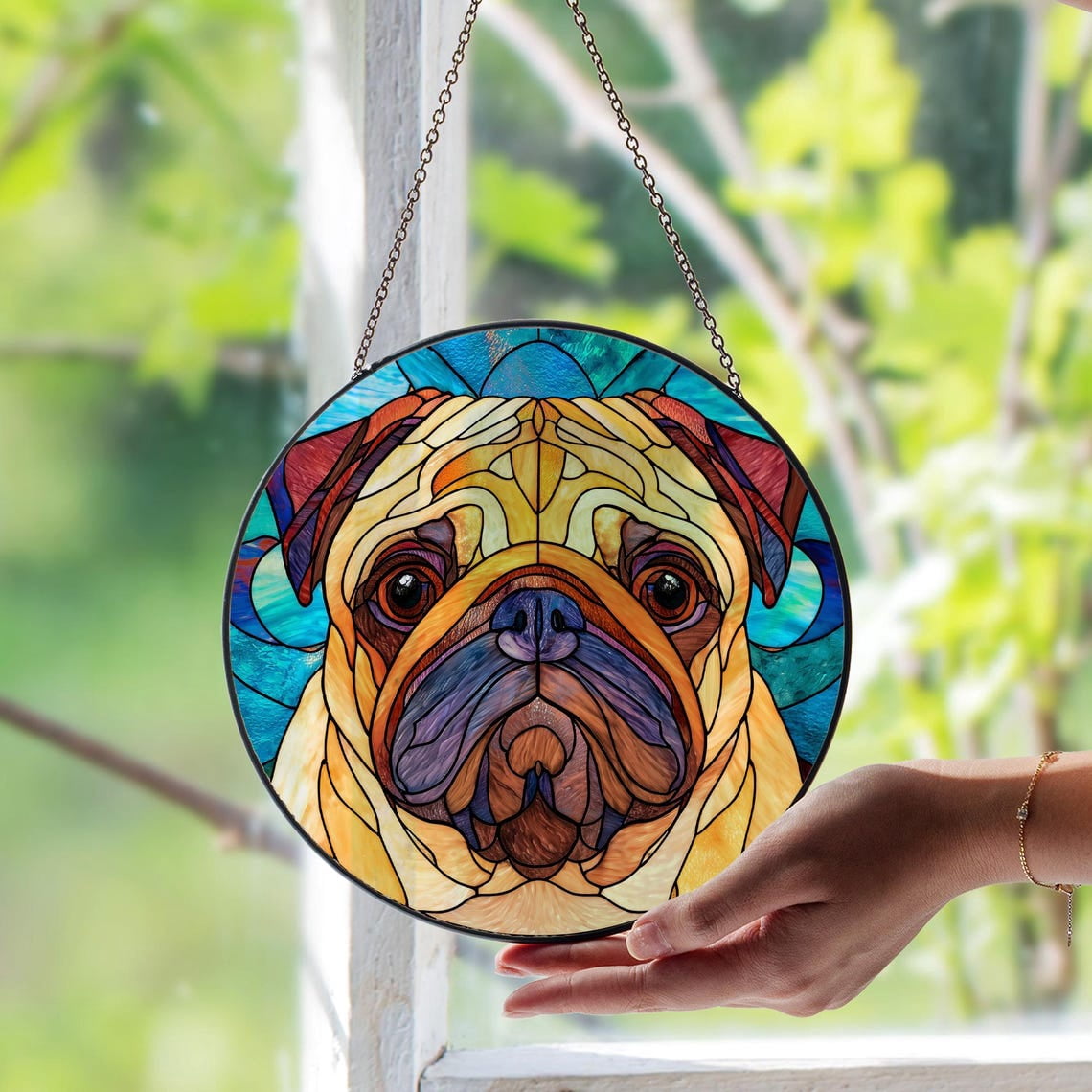 Pug Dog Glass Suncatcher, Unique Pet Memorial Art, Cozy Rustic Home Decor, 3.5 in