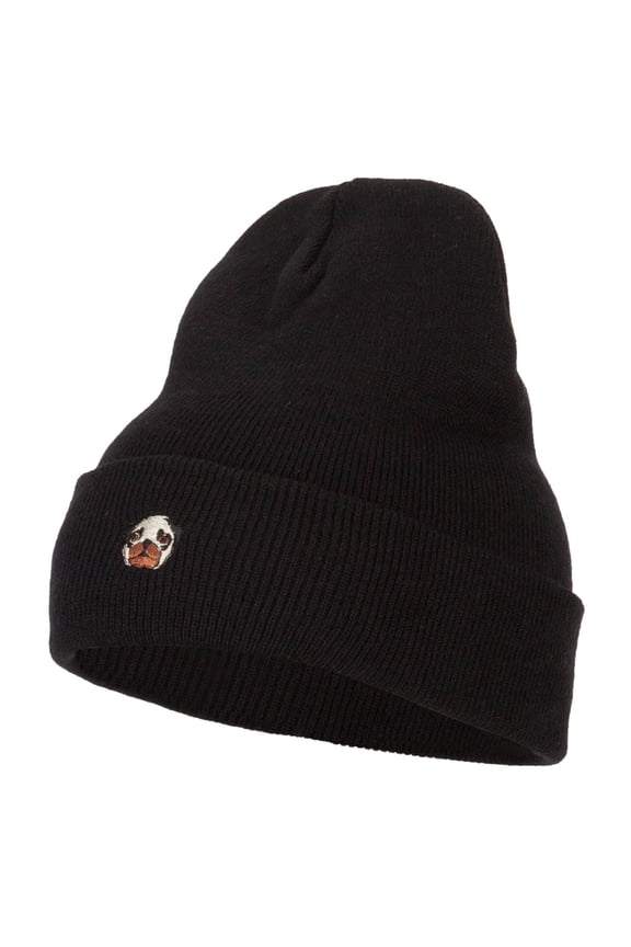 Pug Dog Head Embroidered Long Knitted Beanie - Black OSFM
