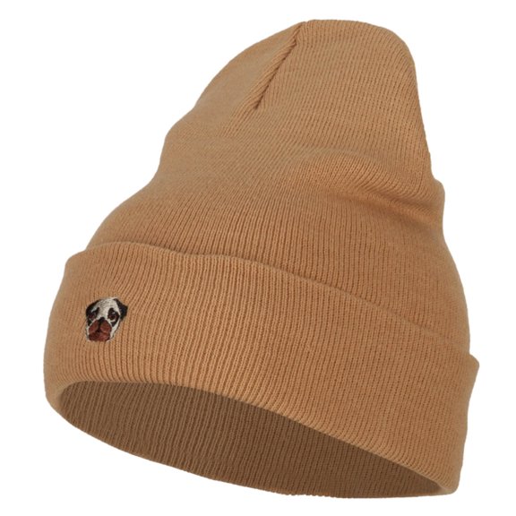 Pug Dog Head Embroidered Long Knitted Beanie - Khaki OSFM