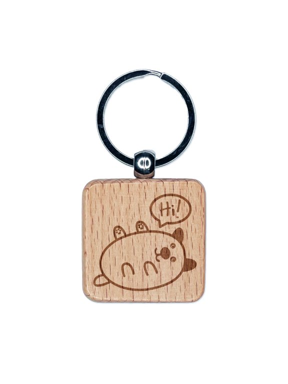 Pug Dog Hi Hello Doodle Rub My Tummy Square Keychain Charm Tag - Engraved Wood