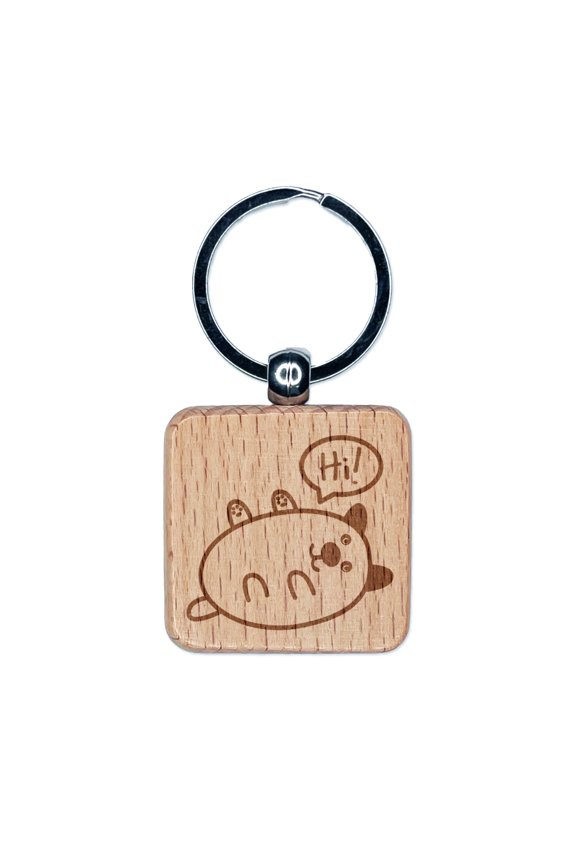 Pug Dog Hi Hello Doodle Rub My Tummy Square Keychain Charm Tag - Engraved Wood