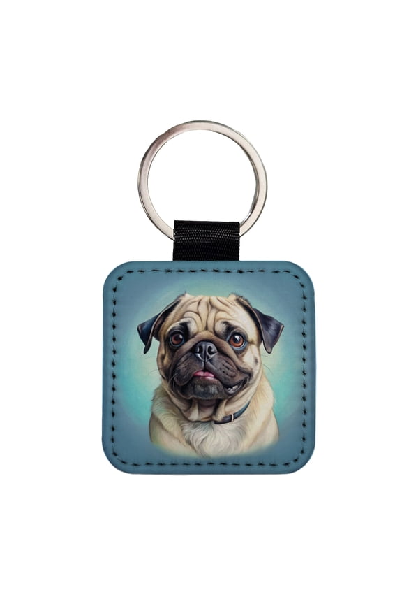 Pug Dog Illustration Faux Leather Square Keychain