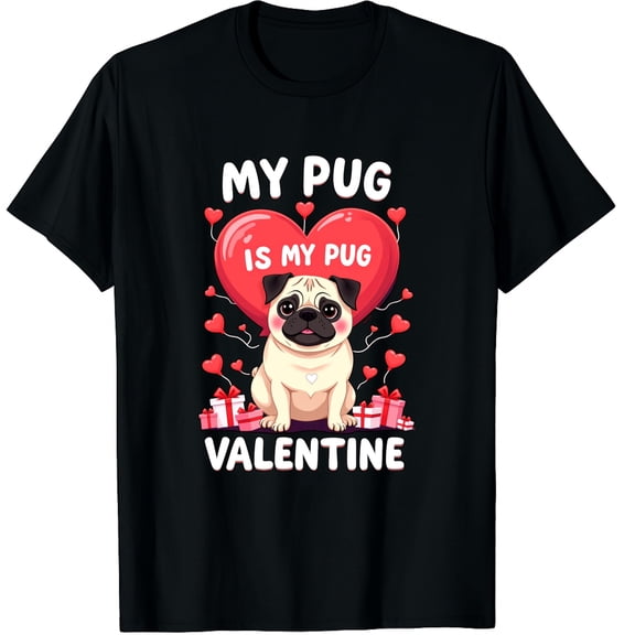 Pug Dog Is My Valentine Love Hearts Valentines Day Graphic Crew Neck Short Sleeve T-Shirts (Men's, Women's)