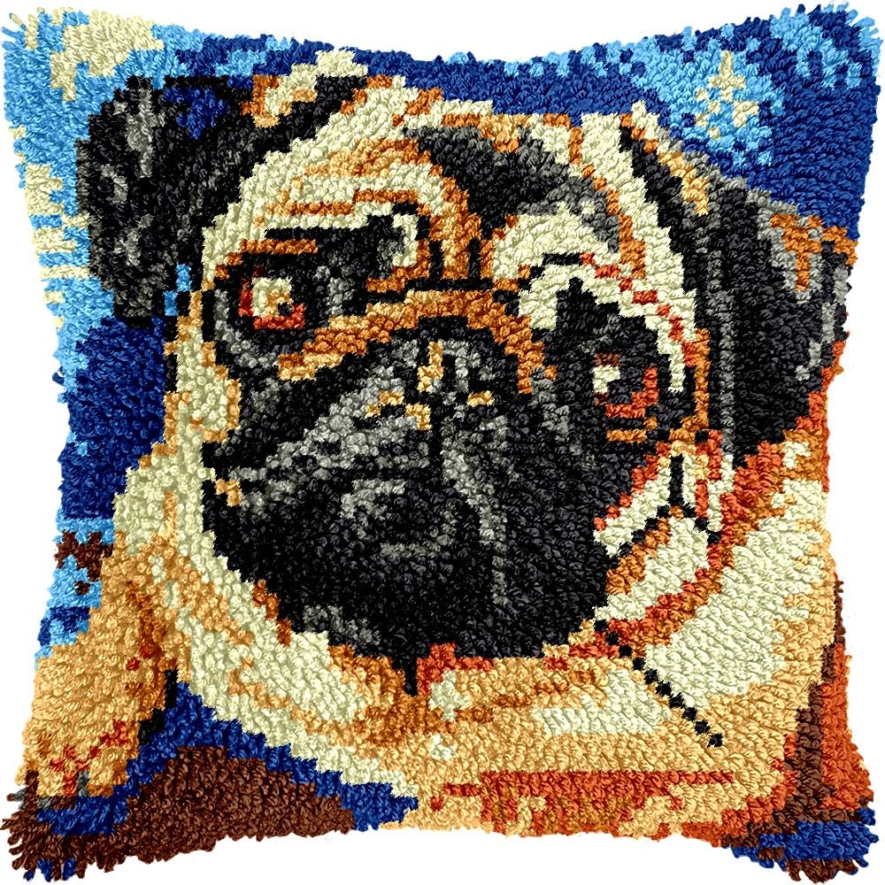 Pug Dog Latch Hook Pillow Kits for DIY Handmade Throw Pillow Cushion Embroidery Latch Hooking Pillowcase Kits with Preprinted Canvas Crochet Yarn Kits 17''X 17''(g229)