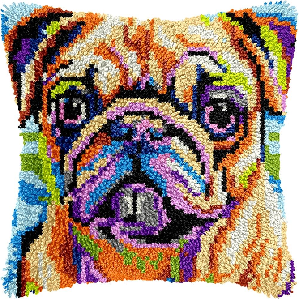 Pug Dog Latch Hook Pillow Kits for DIY Throw Pillow Cushion Embroidery Latch Hooking Pillowcase Kits with Preprinted Canvas Crochet Yarn Kits for Home Decor 17''X 17''(j80)