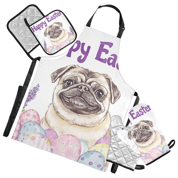 Pug Dog Lavander Easter Eggs Apron Set with Oven Mitts Pot Holders Set of 5 Kitchen Stuff Accessories