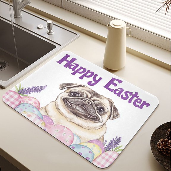 Pug Dog Lavander Easter Eggs Diatomite Dish Drying Mat Drain Pad for Kitchen Sink Countertop 19.7" x 15.7"