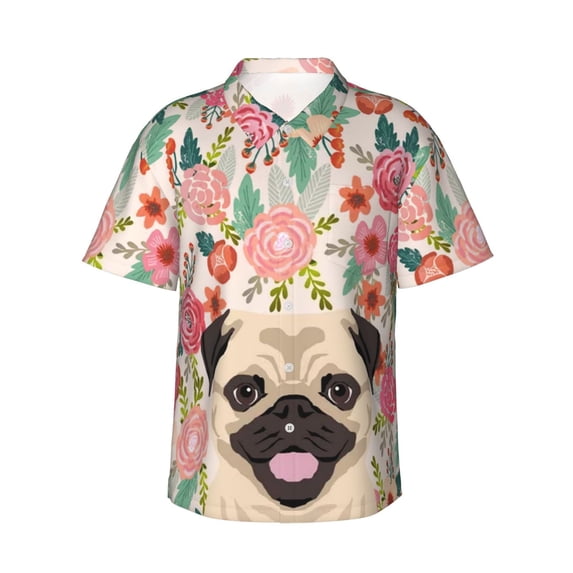 Pug Dog Lovers Florals Hawaiian Shirts For Men, Summer Short-Sleeve Relaxed-Fit Button-Down Shirts Large