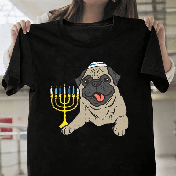 Pug Dog Menorah Hanukkah Pajamas Jewish Pet Holiday Humor Art Unisex T-Shirt, for men & women, up to size 5XL.
