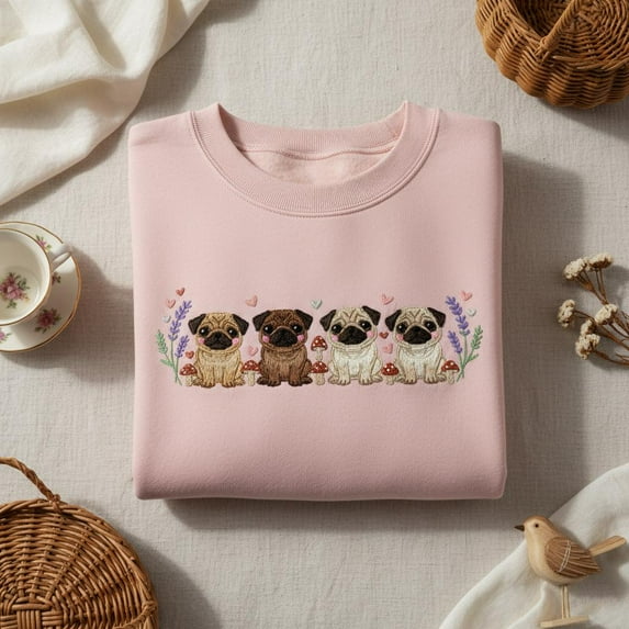 Pug Dog Mushroom Line embroidered hoodie, Cottagecore Dog Crewneck, Aesthetic Hearts Pet Lover Sweatshirt, Pug Mom Gift