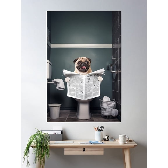 Pug Dog On The Toilet And Reading The Newspaper Poster Wall Art, Modern Wall Decor For Living Room Bedroom, 12x18 UNFRAMED