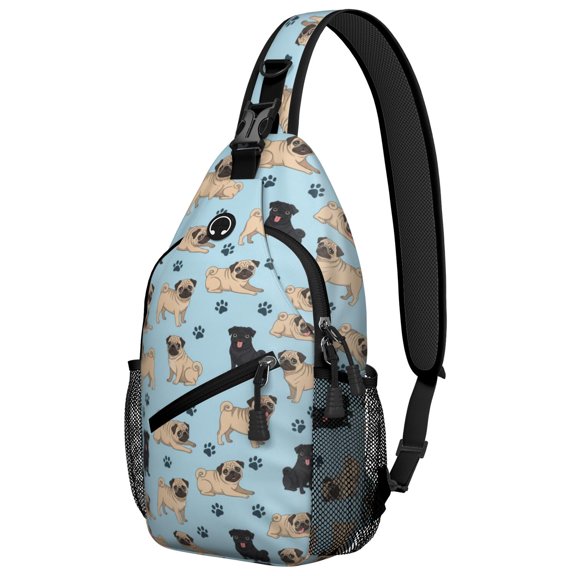 Pug and Dog Paw Print Blue Pattern Sling Backpack, Unisex Cycling Crossbody Bag with Side Mesh Pockets, Earphone Hole Port Gift Ideas for Hiking Cycling Walking