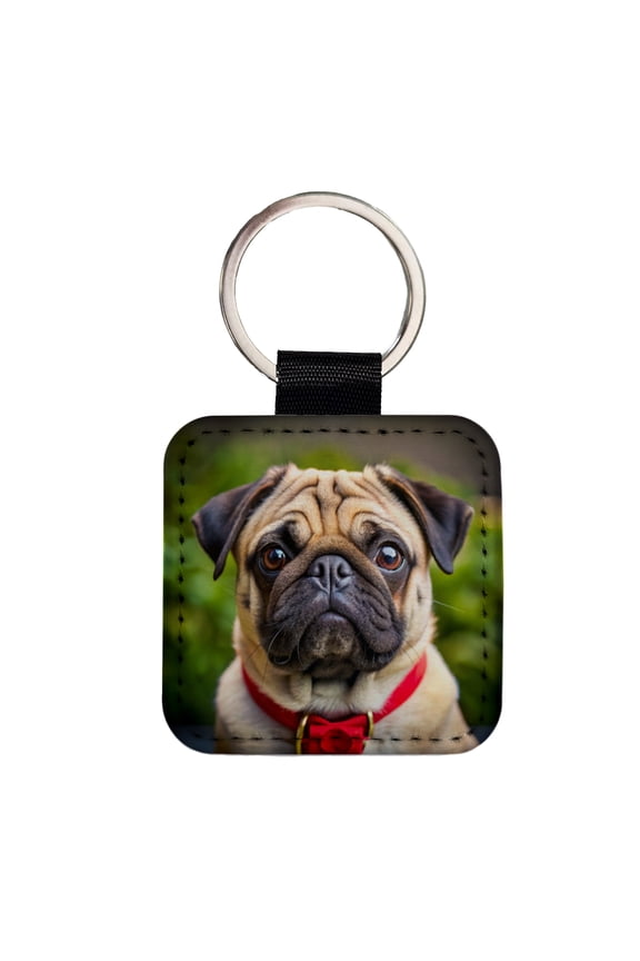 Pug Dog Photo Faux Leather Square Keychain