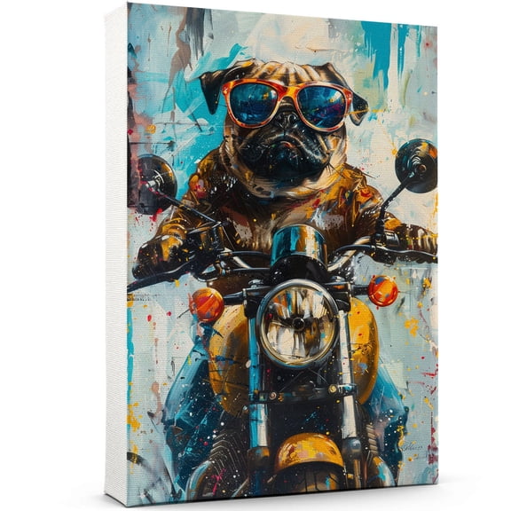 Pug Dog Poster Riding A Motorcycle - Pug Dog Canvas Wall Art For Bedroom Decor - Modern Home Decor - Abstract Canvas Wall Art