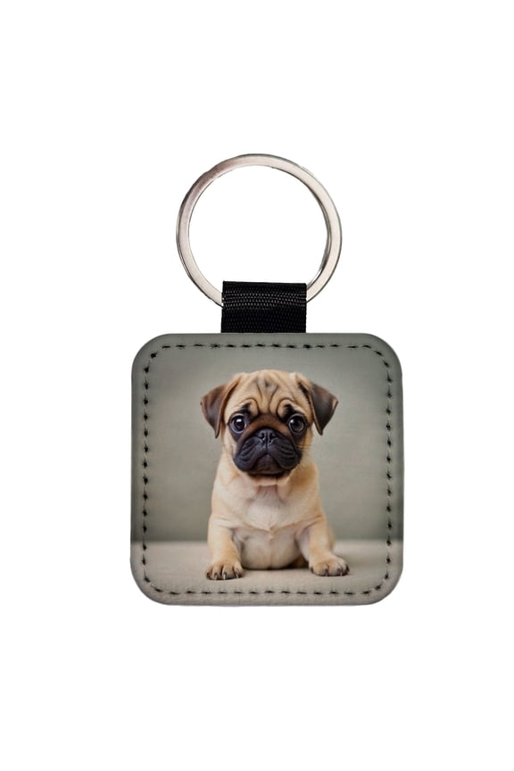 Pug Dog Puppy Photo Faux Leather Square Keychain