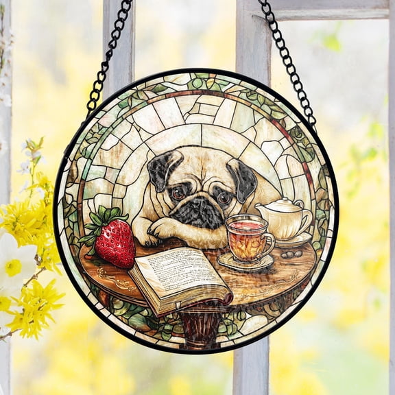 Pug Dog Reading Book Suncatcher Stained Glass Tea Drinker Window Hanging