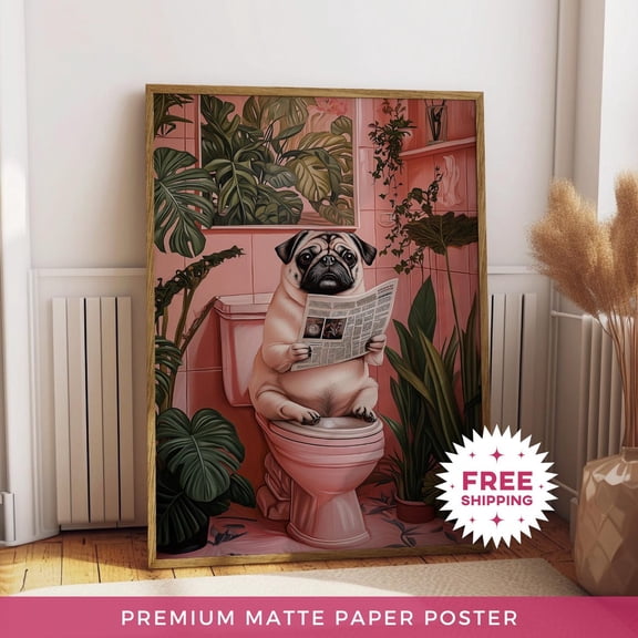 Pug Dog Reading Newspaper Pooping Matte Paper Restroom Poster, Unframed Poster