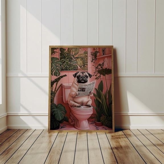 Pug Dog Reading Newspaper Pooping Pet Bathroom Sign Poster Art, Unframed Poster