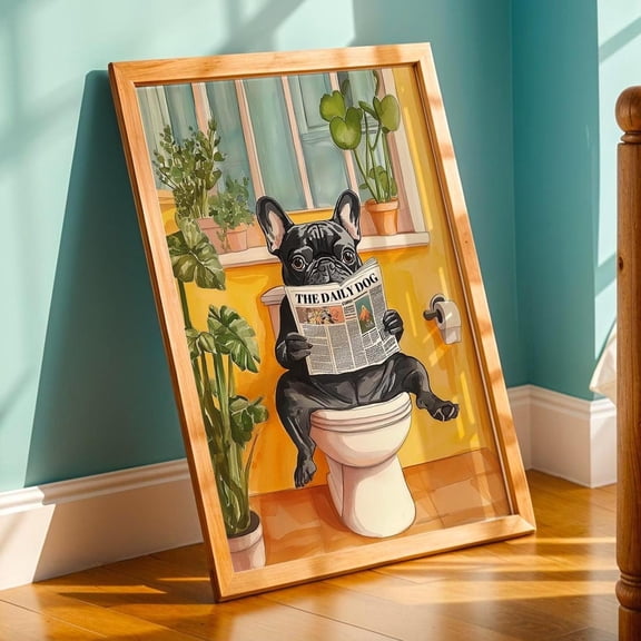 Pug Dog Reading Newspaper Pooping Pet Restroom Decor Poster Unframed Paper Print
