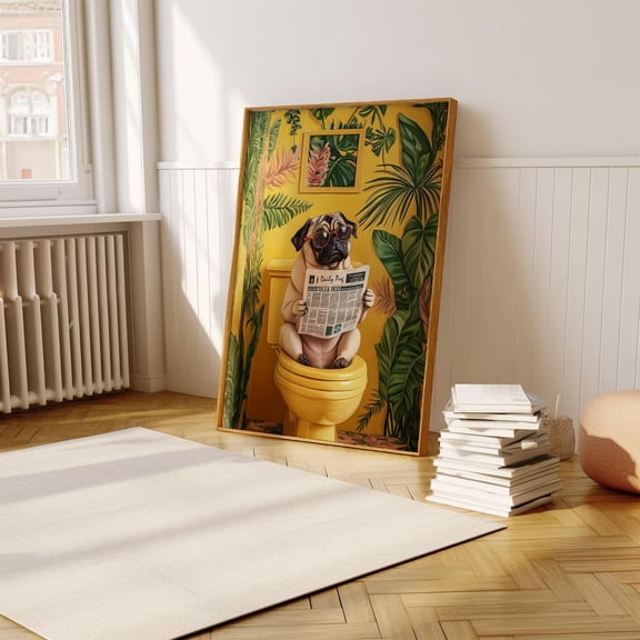Pug Dog Reading Newspaper Pooping Pet Restroom Sign Poster, Unframed Poster
