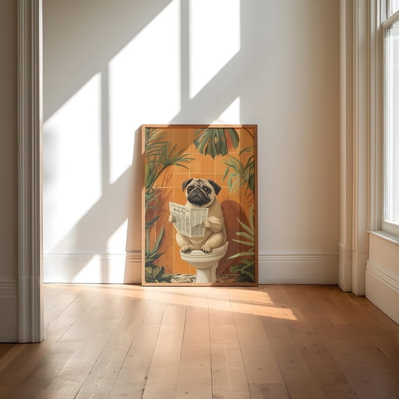 Pug Dog Reading Newspaper Pooping Pet Restroom Wallpaper Poster Unframed Paper Print