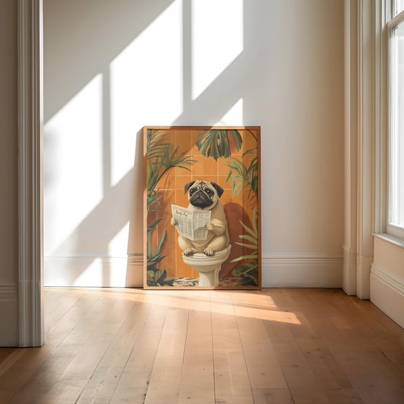Pug Dog Reading Newspaper Pooping Pet Restroom Wallpaper Poster, Unframed Poster