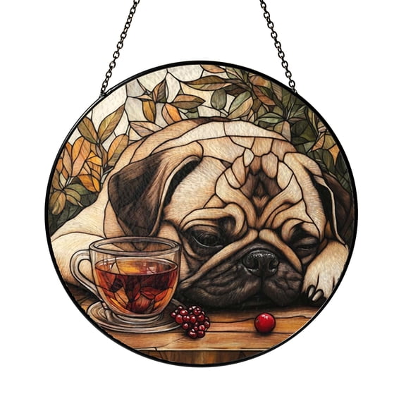 Pug Dog Reading Stained Glass Suncatcher – Animal Window Hanging Decor