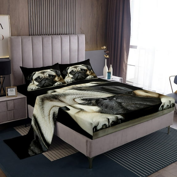 Pug Dog Sheet Set Queen for Boys Girls Kids Cute Animal Dog Bed Sheets Set for Dog Loves,Lovely Dog Print Fitted Sheet Kawaii Puppy Decor Flat Sheet Cute Pet Dog Bedding Set