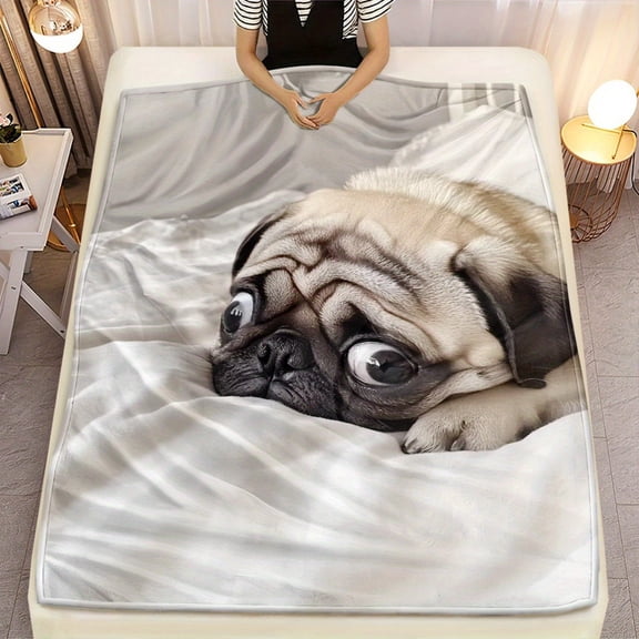 Pug Dog Sleeping on White HD Printed Flannel Blanket, Soft Warm Travel Camping Sofa Bed Blanket Gift, 280GSM, 30x40in 50x60in 60x80in