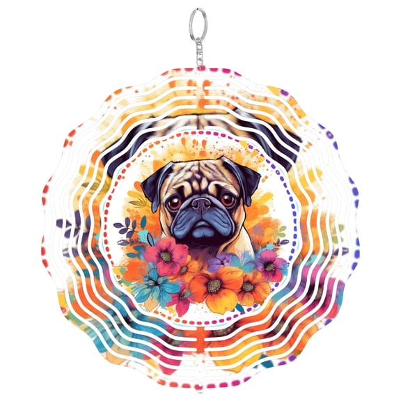 Pug Dog Summer Floral Bloom 3D Wind Spinner Kinetic Metal Hanging Dog Mom Gift Round