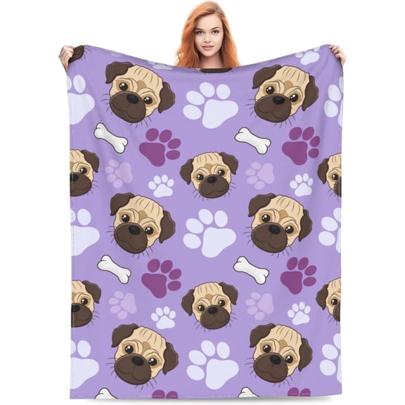 Pug Dog Throw Blanket for Pug Lovers Fleece Super Soft Plush Bones Paws Print for Adults Kids Lightweight 50" x 40" Sofa Chair Bed Office Pug Poster Decoration Decor Travel Cartoon Pug Gifts Purple