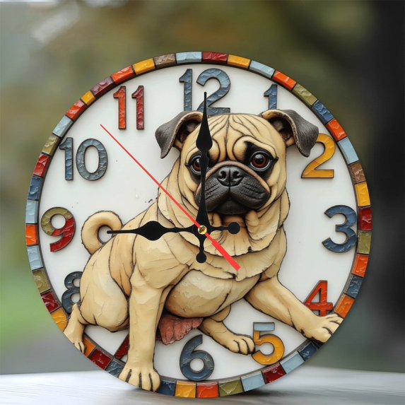 Pug Dog Wall Clock Home Decor Art Design 10-Inch Silent Wooden Wall Clock, Battery Operated (AA Batteries Not Included), Artistic Home Decor