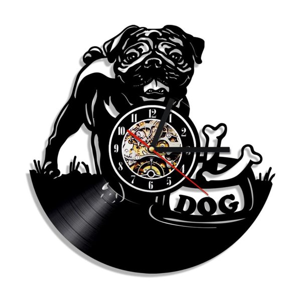 Pug Dog Wall Clock Vintage Puppy Wall Art Kid Room Wall Decor Vinyl Record Clock British Bulldog Clock Dog Breeds Gift Dog Lover Without LED