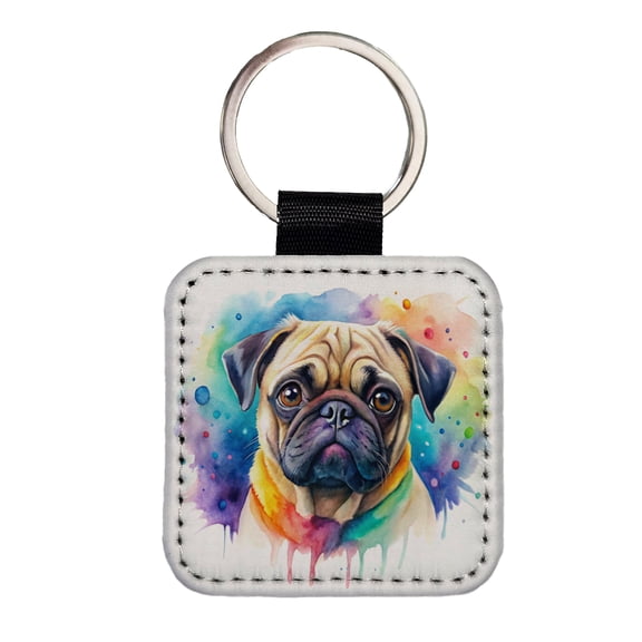Pug Dog Watercolor Style Faux Leather Square Keychain